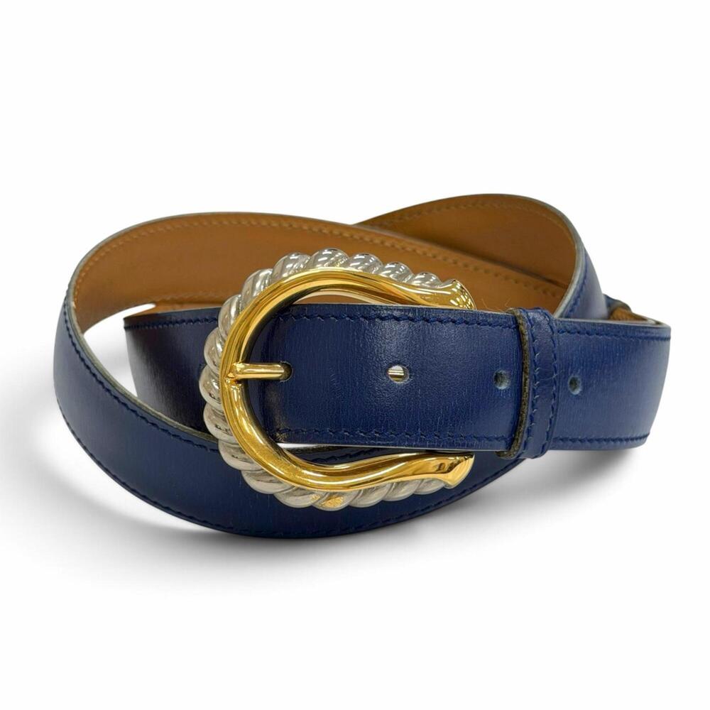 HERMES Vintage 1993 Leather Belt with Silver and Gold Hardware, Navy Blue, Si...